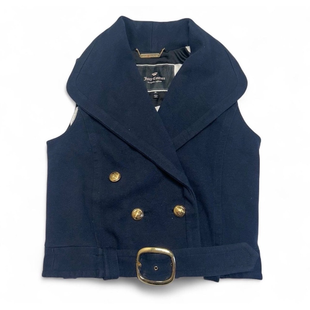 Juicy Couture Navy Blue Wool Blend Double Breasted Belted Nautical Vest Mens M